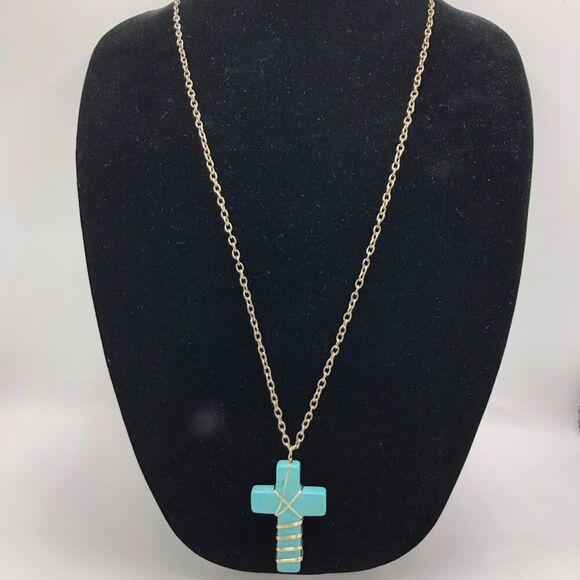 Vintage Turquoise Long Cross Pendant Necklace Handmade Religious Spiritual - Picture 5 of 9